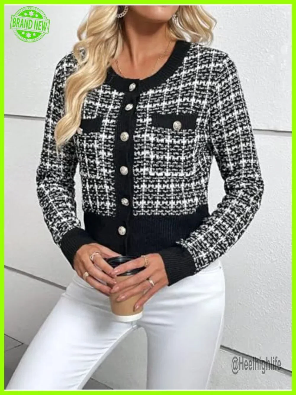 Tweed Plaid Cardigan Blazer Button Front Long Sleeve Knit Jacket
